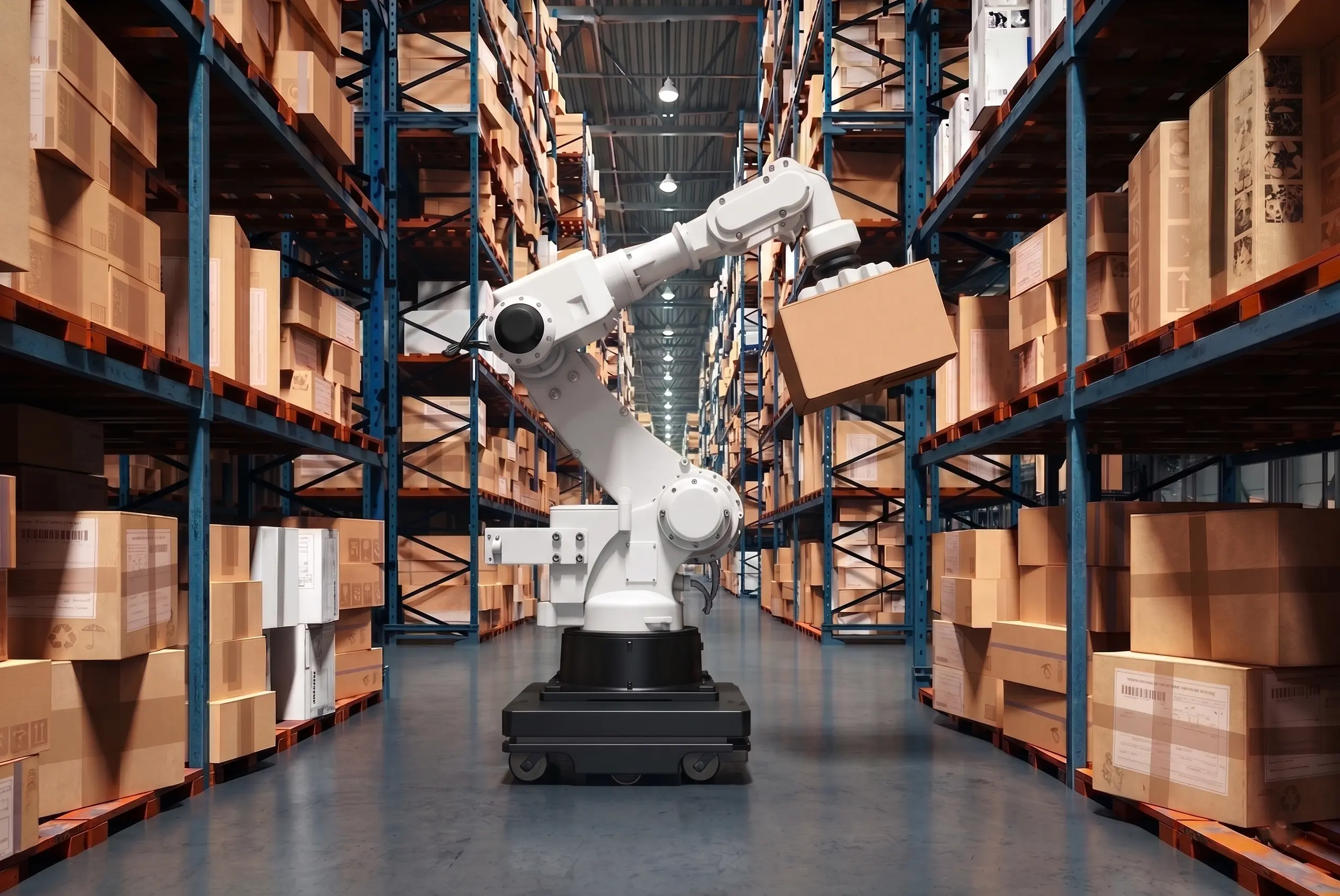 OpenDroids monitoring robot in a dim warehouse aisle during night shift