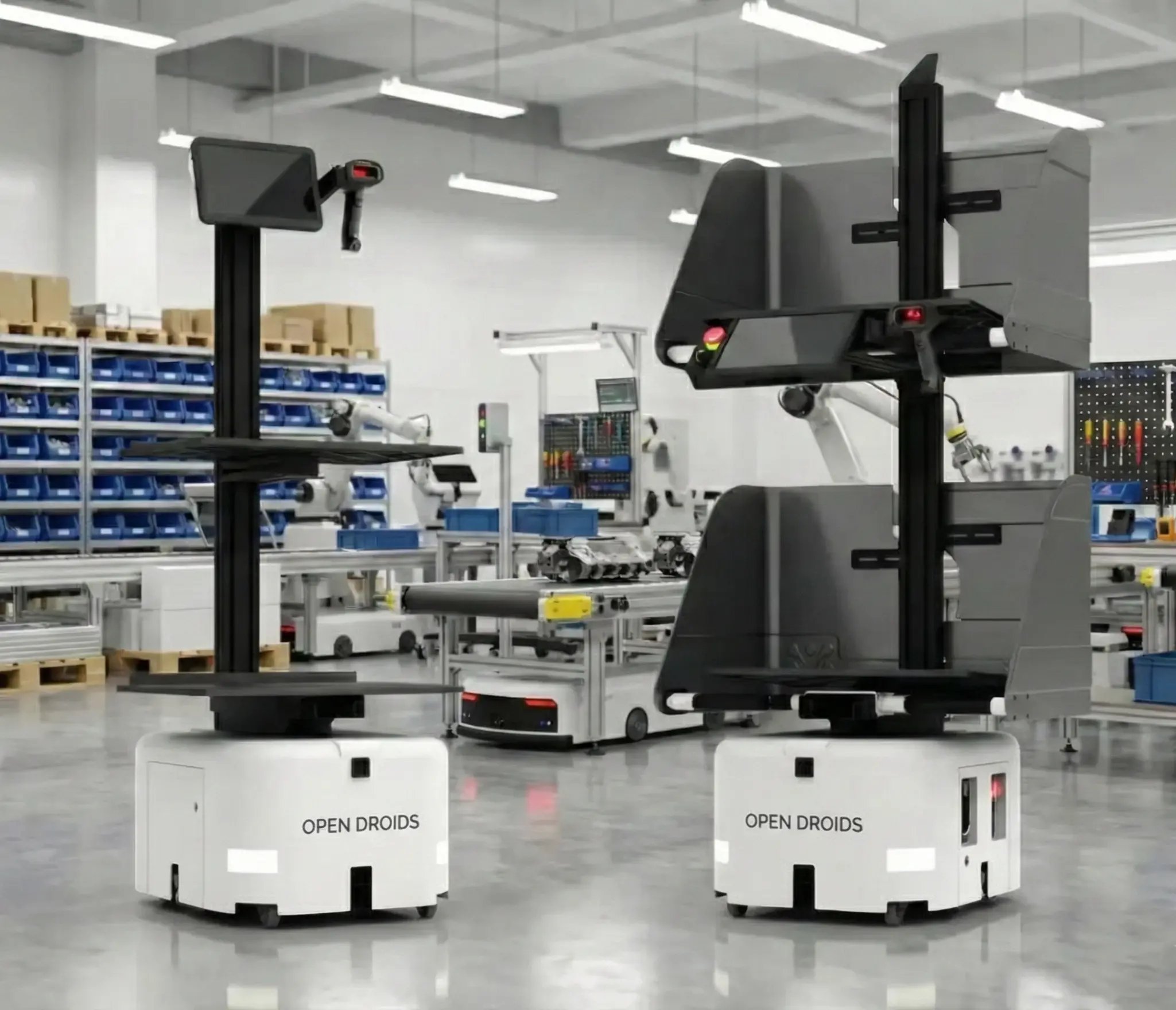 Warehouse robots and logistics automation systems handling materials and inventory